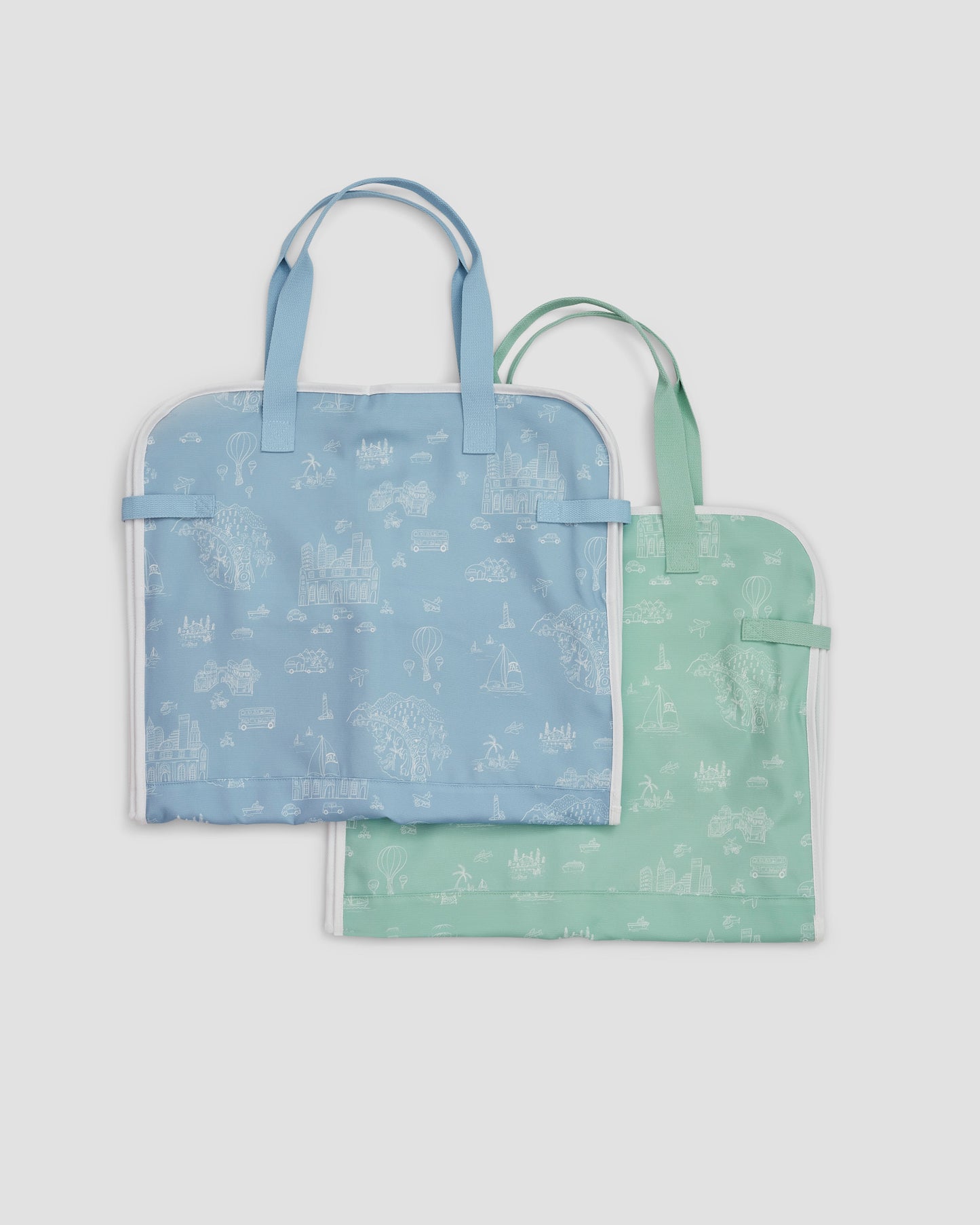 Hanging garment bags wtih travel toile print. Fun for kids but functional for parents.