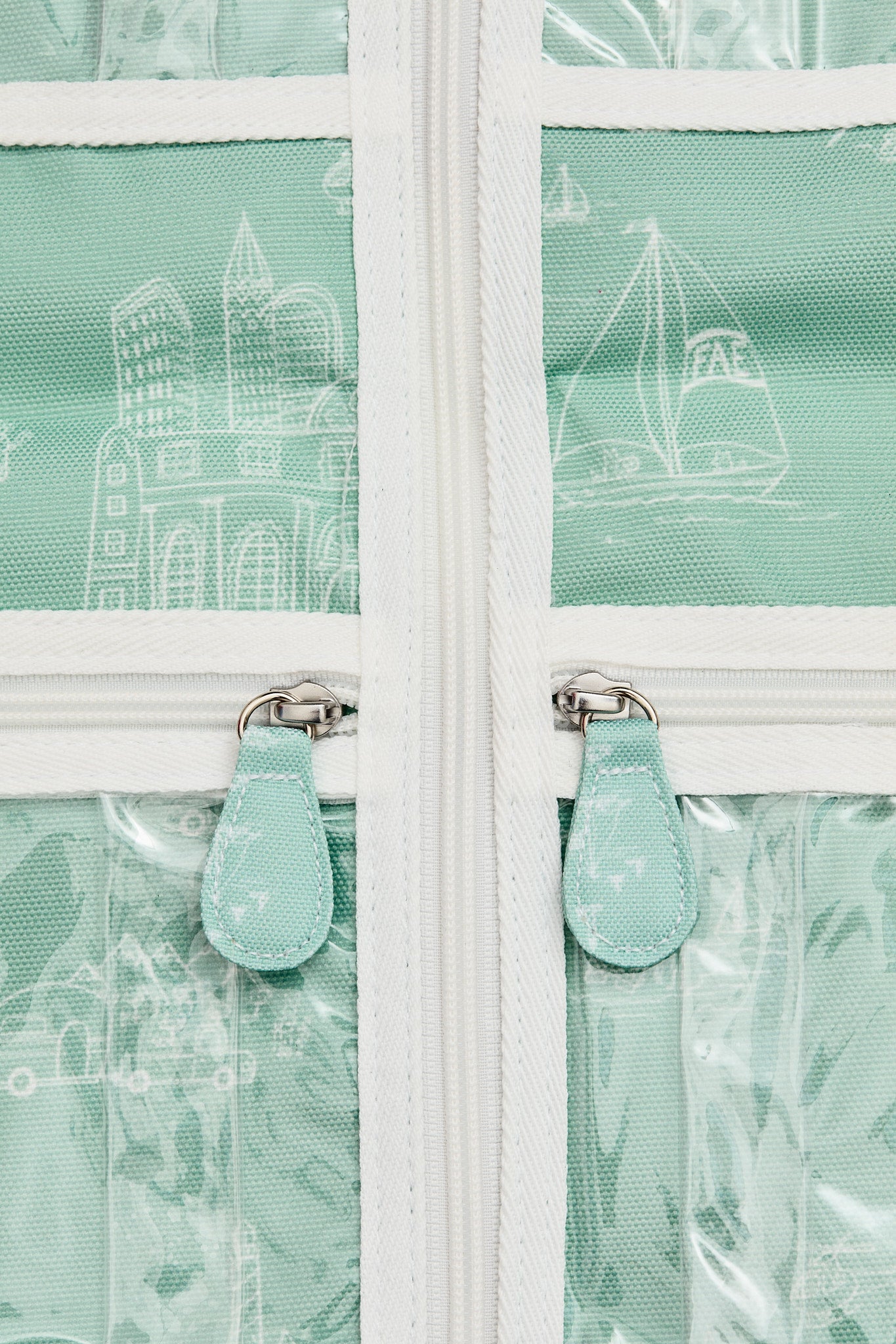Detail of travel toile print and coordinating zippers on plastic front pockets.
