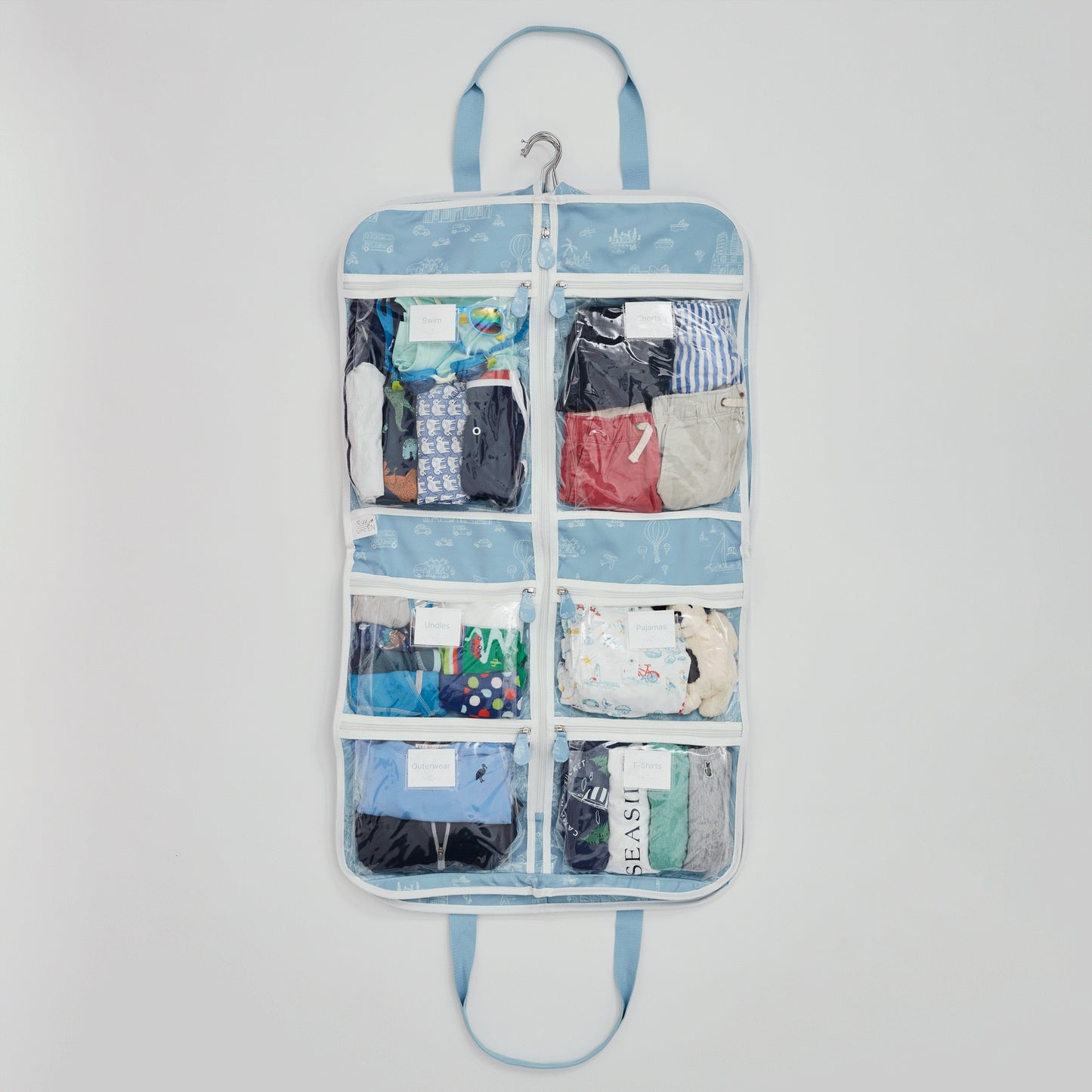 Fits up to 20 outfits in 6 front clear pockets and inside garment bag.