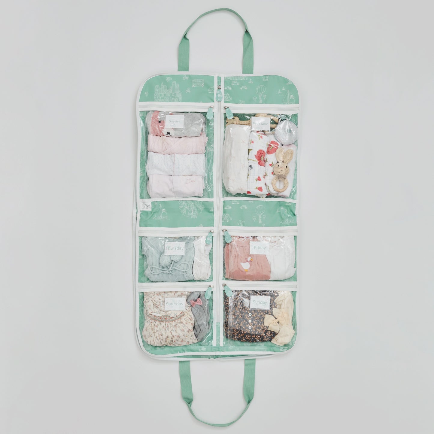 Shows how to organize kids clothes by day of week or category.
