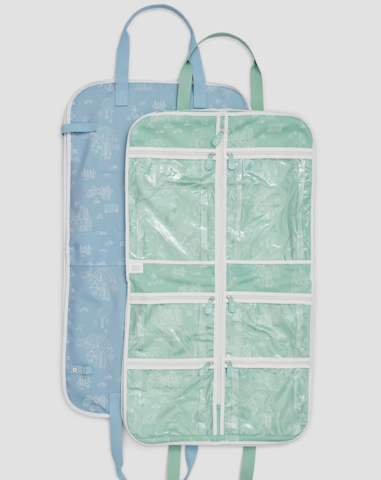 Hanging garment bags with six clear pockets. Blue and Green colorways.